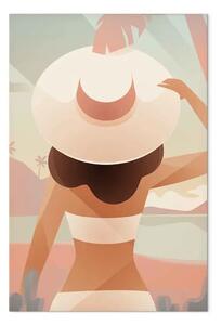 Quadro Ragazza col cappello sulla spiaggia - grafica con mare, donna e palme