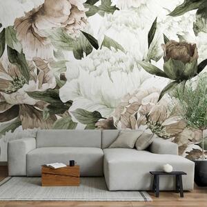 Carta da parati moderna Fiori in fiore - composizione con motivo floreale con peonie e foglie