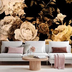 Carta da parati moderna Profumo di giardino - rosa su sfondo nero in stile vintage