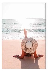 Quadro moderno Riposa sulla spiaggia - Paesaggio marino con una donna col cappello