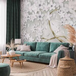 Carta da parati moderna Albero glamour - motivo vegetale con albero dorato e fiori bianchi