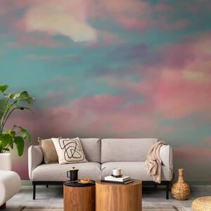 Carta da parati moderna Nuvole colorate - cielo blu con nuvole rosa e bianche