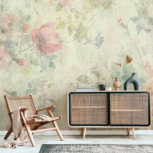 Carta da parati Fiori vintage colorati - motivo vegetale con foglie in tonalità gialle