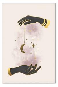 Quadro contemporaneo Stelle e luna tra le mani - elementi dorati e neri su uno sfondo beige