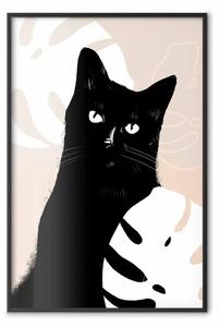 Poster: Gatto tra monsteras - animale nero tra piante su sfondo pastello
