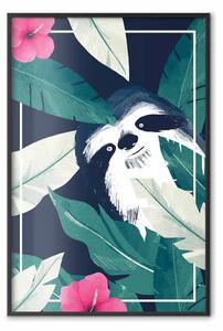 Poster: Bradipo nei tropici - animale tra foglie verdi su sfondo blu scuro