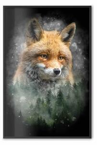 Poster: Vita nel bosco - paesaggio fantastico di volpe e foresta verde su nero