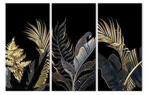 Quadro su tela Calore ai tropici (3 pezzi) - foglie decorate con oro in stile glamour