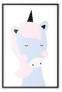 Poster: Unicorno dolce - animale azzurro divertente con corno su chiaro