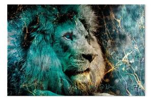 Quadro contemporaneo Re blu - leone e astrazione dorata sullo sfondo