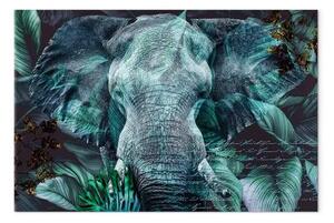 Quadro contemporaneo Nella giungla turchese - testa di elefante tra le foglie
