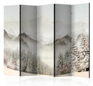 Paravento design Conca innevata II - paesaggio invernale di montagne e alberi