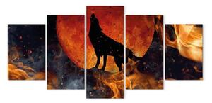 Quadro moderno Lupo nel fuoco (5 pezzi) - animale nero su sfondo lunare