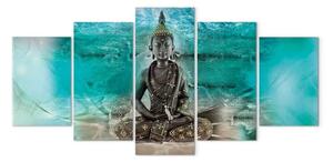Quadro contemporaneo Meditazione turchese (5 pezzi) - figura di Buddha in stile Zen