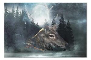 Quadro su tela Luna crescente - cervo e Luna su sfondo boschivo