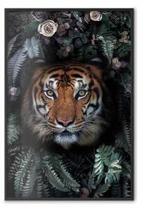 Poster: Tigre tra le foglie - ritratto di tigre su sfondo di piante verdi