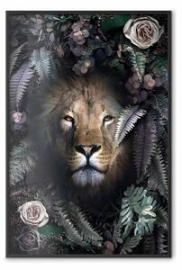 Poster: Leone tra le foglie - ritratto di animale su sfondo di piante verdi