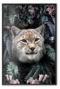Poster: Lince tra i fiori - ritratto facciale di gatto su piante verdi