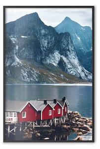 Poster: Calma blu - paesaggio di casetta rossa e lago su montagne