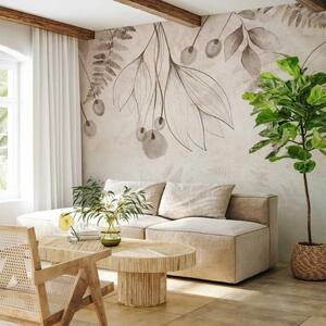 Carta da parati moderna Soffio delicato - fiori e foglie minimalisti in composizione beige