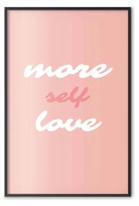 Poster: Più amore per sé - testi bianchi e rosa in inglese su sfondo pastello