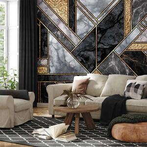 Carta da parati moderna Art deco geometrico - marmo grigio e nero con disegni dorati
