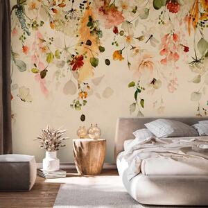 Carta da parati Fiori autunnali - motivo di colorati fiori appesi in tonalità gialla