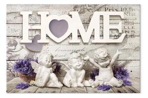 Quadro su tela Casa angeli - figurine scritta bianca sfondo