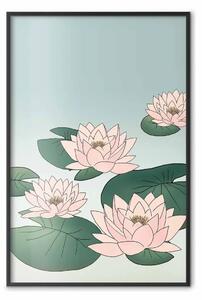 Poster: Ninfee rosa - fiori rosa e foglie verdi su sfondo chiaro