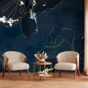 Carta da parati Accento - lineart con fiori e disegni dorati su sfondo blu navy