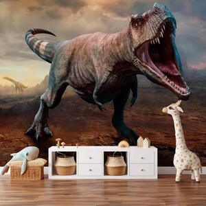 Carta da parati Minaccioso tirannosauro - paesaggio oscuro con dinosauro per bambini