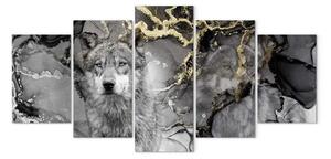 Quadro Lupi d'oro (5 parti) - astrazione grigia e animali