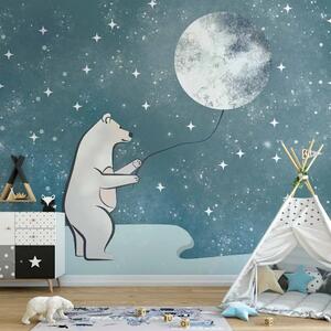 Carta da parati Fantasia fiabesca - Orso bianco con palloncino dalla luna per bambini