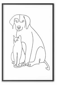 Poster: Migliori amici - lineart con cane e gatto su sfondo chiaro