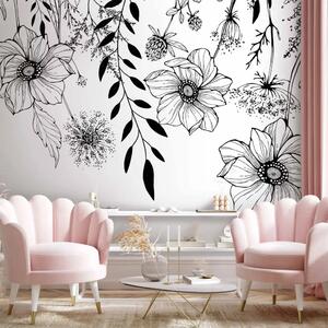 Carta da parati Prato grafico - motivo floreale fiori di campo in lineart su grigio
