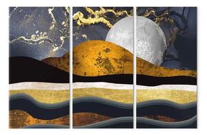 Quadro Notte d'oro (3 parti) - cielo dorato e luna in stile art deco