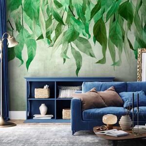 Carta da parati Natura mediterranea - paesaggio con foglie blu su sfondo chiaro