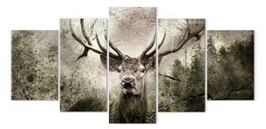 Quadro moderno Spirito del bosco (5 parti) - animale del bosco e alberi di pino