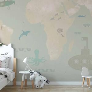 Carta da parati moderna Mappa per bambini - aeroplani e animali su mappa