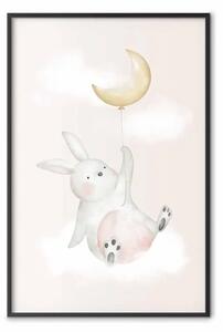 Poster: Coniglietto con palloncino - animaletto pastello su nuvola su sfondo chiaro