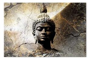 Quadro Illuminato largo - statua su sfondo di pietra in stile Zen