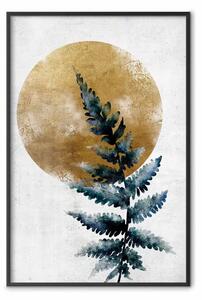 Poster: Felce in fiore - pianta verde e luna dorata su sfondo grigio