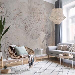 Carta da parati moderna Boho delicato - paesaggio con composizione arancione di foglie e fiori