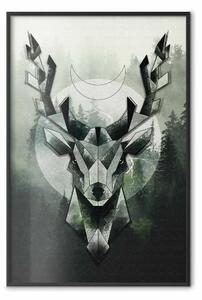Poster: Cervo verde - motivo geometrico animale su sfondo foresta