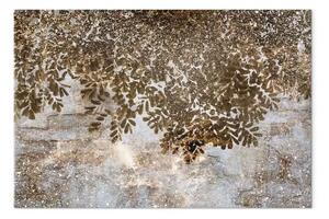 Quadro su tela Alberi sotto la Pioggia Dorata - Foglie su un muro in seppia