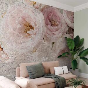 Carta da parati moderna Rose in cipria - composizione di fiori su sfondo di cemento