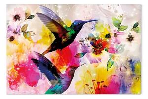 Quadro Colibrì in giardino paradisiaco - uccelli e fiori colorati