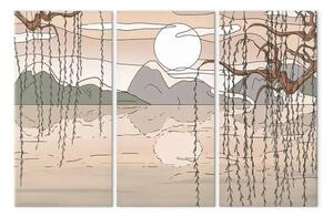 Quadro su tela Paesaggio giapponese (3 parti) - vista tra alberi monti e lago