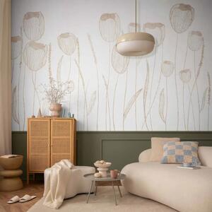 Carta da parati moderna Tulipani lineari - delicati fiori minimalisti in stile boho