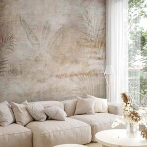 Carta da parati moderna Natura beige - composizione di foglie e palma in toni grigio chiaro
